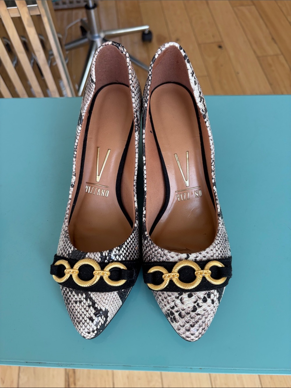 Pointed Snake-Print Heels with Gold Chain Accent - Black & White